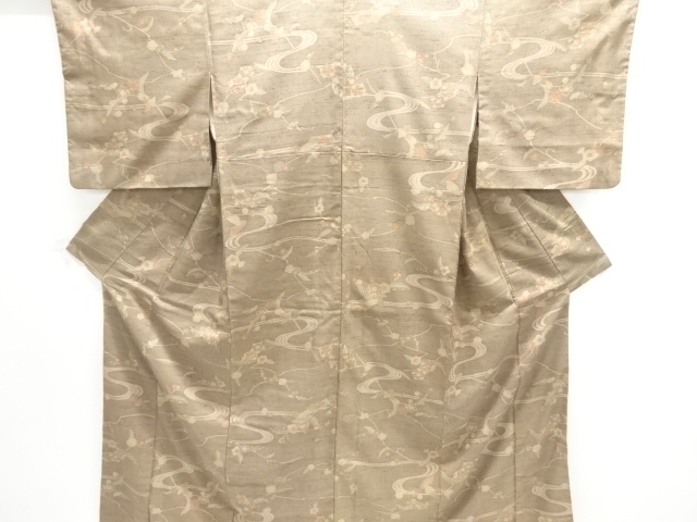 JAPANESE KIMONO / SILK / HAND WOVEN / FUSHI TSUMUGI / STREAM & FLORAL PLANTS